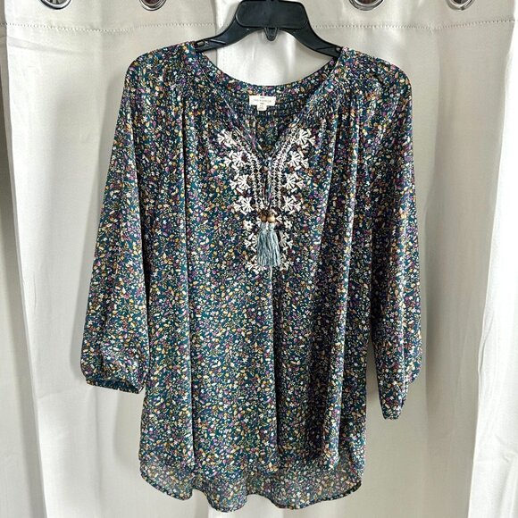 MAson Bell Womens Top Size 1X Boho Ditzy Floral Embroidered Sheer Green 17720 - Picture 1 of 9